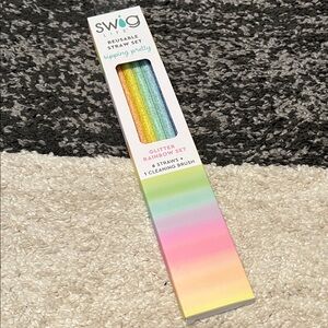 Swig Life reusable straw set, rainbow glitter, six straws/brush, NEW!